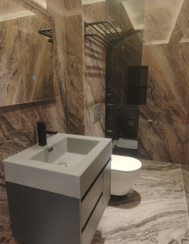 Completed marble-look service apartment bathroom